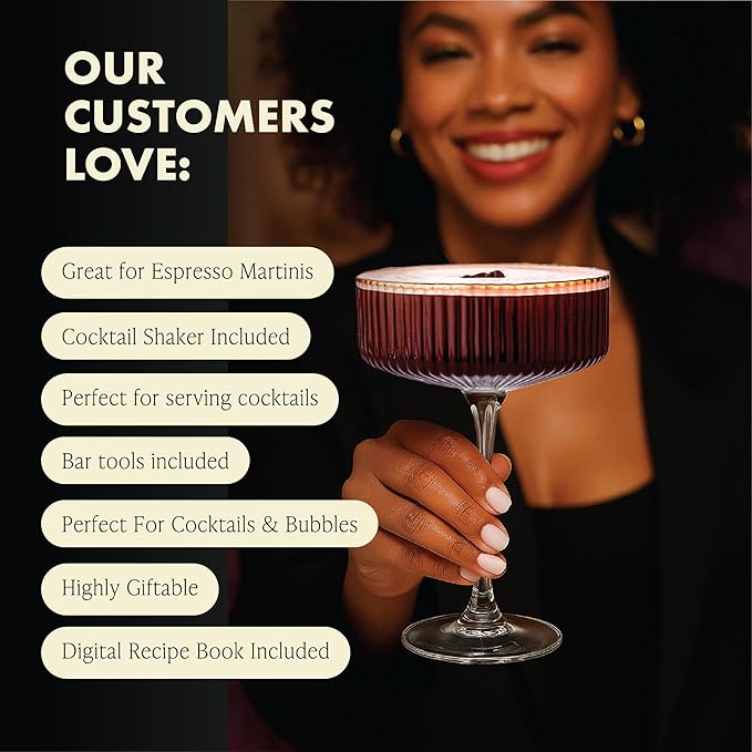 VEMACITY - Luxury Gold Cocktail Shaker Set - 15oz Glass Shaker with Strainer, 2 Gold-Rim 10oz Ribbed Martini Glasses and Bar Tools - Wedding Gift and Gift Sets