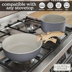 Country Kitchen Cookware Set with Removable Handle, Oven & RV Safe Pots and Pans Set, Grey/Ivory Wood Handle, Original