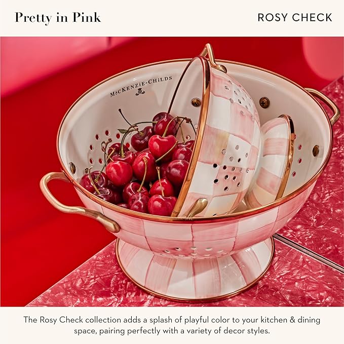 MACKENZIE-CHILDS Enamel Colander, Decorative Kitchen Strainer, Small, Pink-and-White Rosy Check