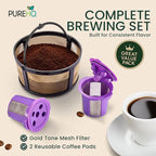 Reusable Mesh Coffee Filter Basket for Keurig K Duo Coffee Maker (Gen 2) and Keurig K-Duo Essentials, With 2 Refillable K Cups Pod by PureHQ - Gold Tone Carafe Replacement Filter - Value Pack