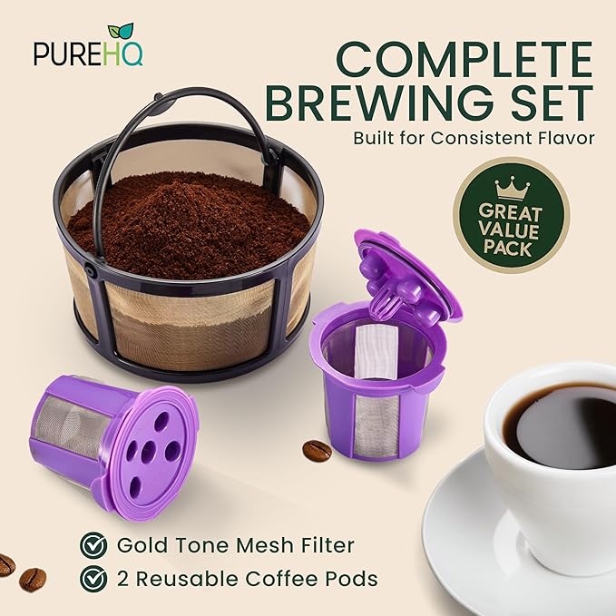 Reusable Mesh Coffee Filter Basket for Keurig K Duo Coffee Maker (Gen 2) and Keurig K-Duo Essentials, With 2 Refillable K Cups Pod by PureHQ - Gold Tone Carafe Replacement Filter - Value Pack