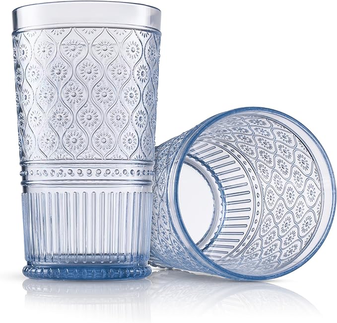 Godinger Highball Drinking Glasses, Acrylic Drinking Glasses Set, Elegant Tall Plastic Cups, Vintage Romantic Decor - Set of 4, Blue