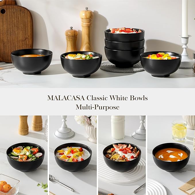MALACASA 26 OZ Porcelain Soup Bowls Set of 6, Black Ceramic Bowls for Kitchen, Cereal Bowl for Oatmeal, Fruit, Salad, Ramen and Rice Bowl -Dishwasher & Microwave Safe Bowls