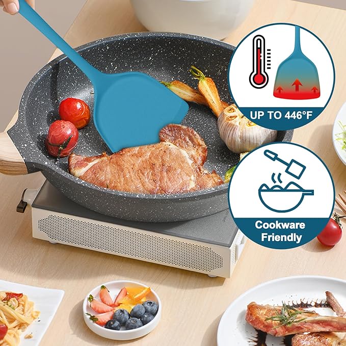 TeamFar Cooking Utensils Set, Silicone Kitchen Utensils of 5, Cooking Spoons Turners Pasta Server for Nonstick Cookware, Healthy & Heat-Resistant, Seamless & Non-Scratch, Dishwasher Safe, Dark Blue