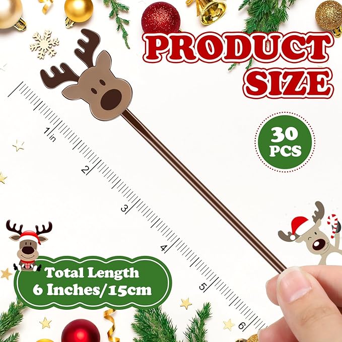 30 Pcs Christmas Drink Stirrers Xmas Stir Stick Holiday Coffee Swizzle Stick Reusable Plastic Hot Cocoa Bar Chocolate Decoration Cocktail Mixer(Reindeer,Lively Color)