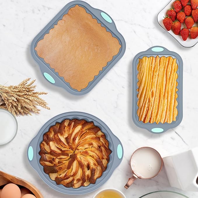 To encounter 65 Pieces Silicone Baking Pans Set, Metal Framed Silicone Tube Cake Pans, Nonstick Fluted Loaf Pans for Muffin, Cake, Bread, with Measuring Cups and Spoons Set, Light Grey