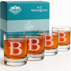 On The Rox Drinks 4 Piece Glass Set Engraved with B-Monogram, 11-Ounce