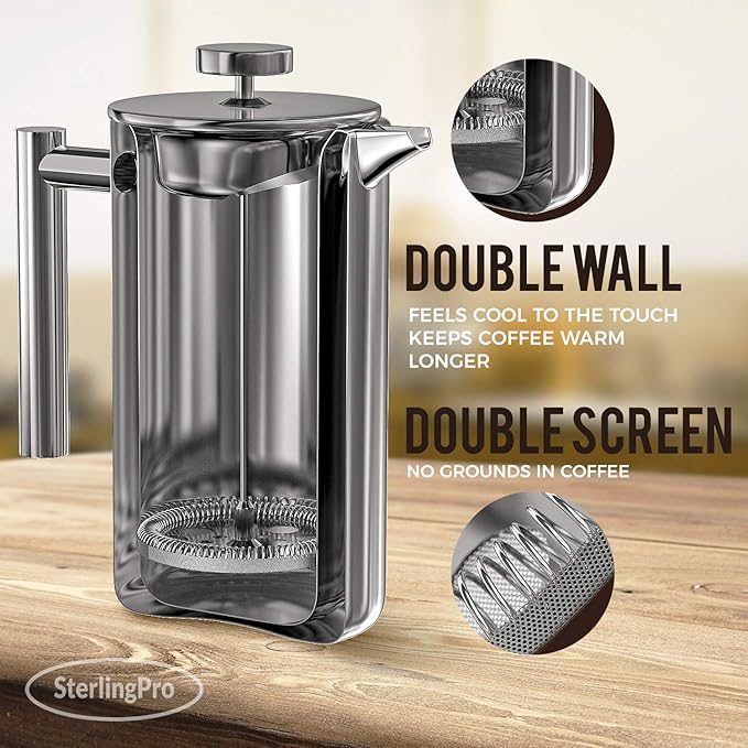 French Press Coffee Maker(1L)-Double Walled Large Coffee Press with 2 Extra Filters -Enjoy Granule-Free Coffee, Stylish Rust Free Kitchen Accessory-Stainless Steel (Mirror Finish, 34oz)