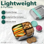 Everusely - Bento Box - Green, 27oz / 0.8 L - Stainless Steel Lunch Box with Leakproof Condiment Container - 3 Compartment Snack Organizer for On the Go Meals - Freezer & Dishwasher Safe