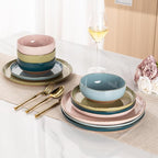 AmorArc Ceramic Dinnerware Sets for 4, 12 Pieces Handpainted Plates and Bowls Set with Rustic Terracotta Underside, Scratch Resistant Stoneware Dishes Set, Dishwasher & Microwave Safe, Multi-Color