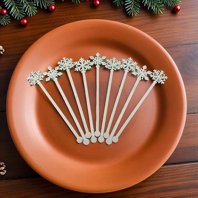 60 Pcs Snowflake Drink Stirrers Bulk, 5.9 Inch Wooden Cocktail Picks with 3 Unique Snowflake Designs, Bamboo Toothpicks for Appetizers, Coffee Bar, Beverages, Winter Christmas Party Supplies