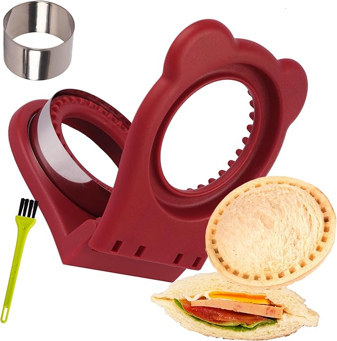 Uncrustables Sandwich Maker Sealer Cutter, Crustless Sandwich Cutter, PB&J Uncrustable Maker - Color Dark Red, Round Shape