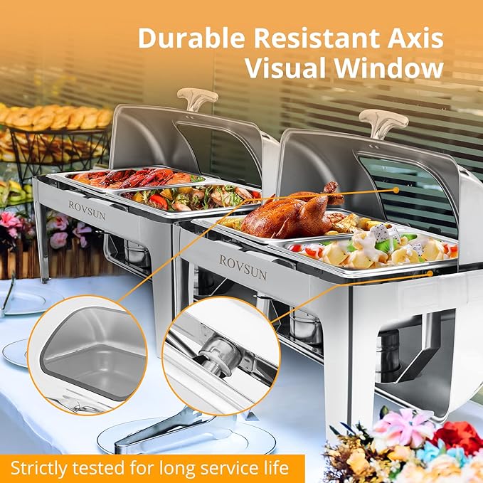 ROVSUN 2 Pack Roll Top Chafing Dish Buffet Set,9 Quart Rectangular NSF Stainless Steel Chafer for Catering,Buffet Servers and Warmers Set with Glass Window for Wedding, Party, Banquet,2 Half Size