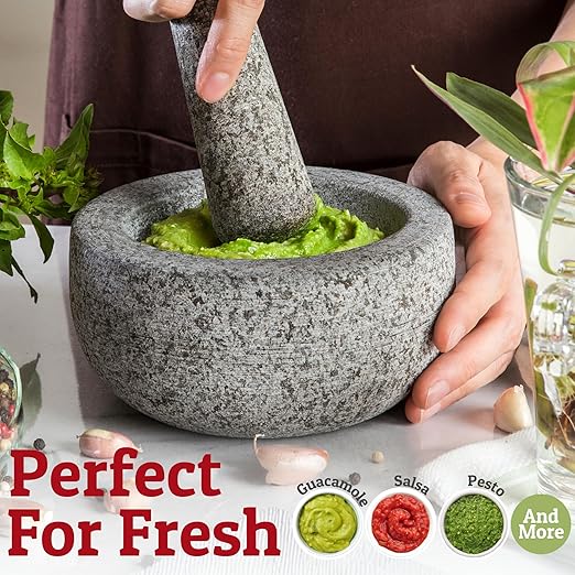 Priority Chef Heavy Duty Large Mortar and Pestle Set, Hand Carved from Natural Granite, Make Fresh Guacamole, Pesto, Stone Grinder Bowl, Herb Crusher, Spice Grinder, 6.3 Inches Wide, 2 Cup - Grey