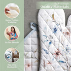 Maison d' Hermine 100% Cotton Oven Mitt & Pot Holder Set (7.5"x13" & 8"x8") Heat Resistant BBQ Cooking Gloves with Loop, Baking, Grilling, Kitchen, Handling Hot Pans (Ice Florals)