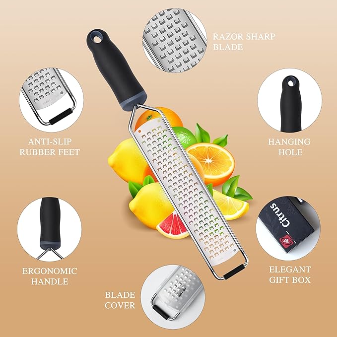 ALLWIN-HOUSEWARE Cheese Grater Zester Set of 5, 304 Stainless Steel with TPE Handle Kitchen Grater & Peeler & Slicer for Cheese, Lemon, Ginger, Garlic, Nutmeg, Fruits, Vegetables, Chocolate