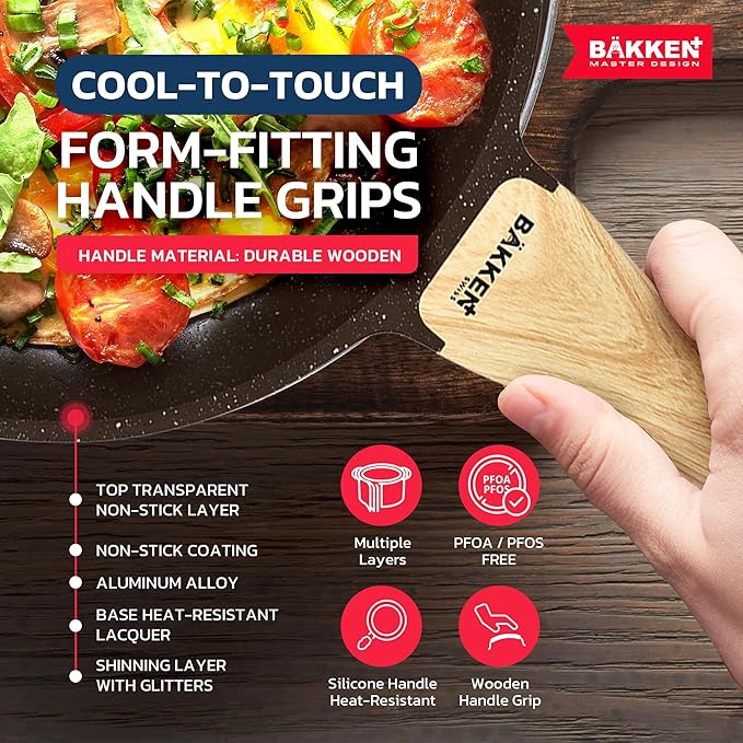 Bakken Master 20 Piece Cookware Set - Pots and Pans with Handle Grips and Tempered Glass Lids, With 6-piece Bakeware Set, Nonstick Granite Coating, Ceramic Max Temperature (Up To 500°F), Brown Marble