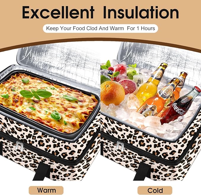 Double Insulated Casserole Carrier, Portable Casserole Carrier for Hot or Cold Food Lunch Tote Warmer or Cooler Bag, Lasagna Lunch Bag for Potluck Parties- Fits 9" x 13" Baking Dish-Leopard