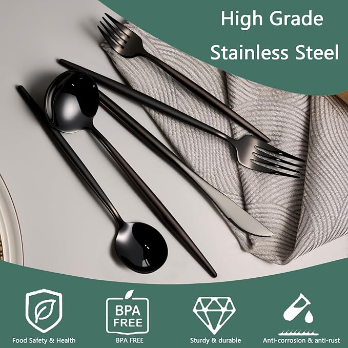 Modern Black silverware Set,Premium 18/10 Stainless Steel,Heavy duty,Sturdy,Sharp Practical steak knives,Matte Black Handle,Mirror Polished Finish,Kitchen Essential, (black)