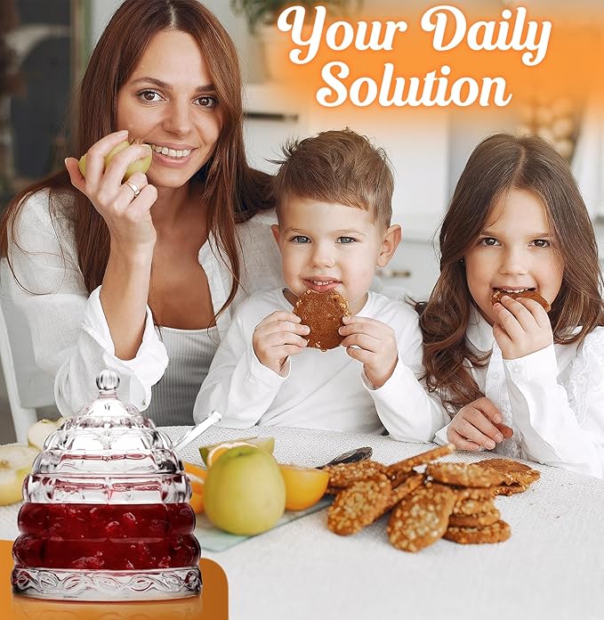 Elegant Glass "Crystal" Honey Jar with 2 Glass + 1 Wooden Dipper & 1 Clear Spoon | Beehive Design | 10 oz Container | Perfect for Sugar, Marmalade & Jam | Durable & Stylish Multipurpose Pot with Lid