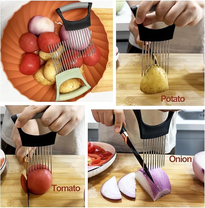 Onion Holder for Slicing Onion Slice Holder Kitchen Chopper Assistant Tool,Vegetable Cutter with Protective Cover for Tomato,Lemon,Potato,Egg,Food Slice Assistant,Home Kitchen Tool (Black & Gray)