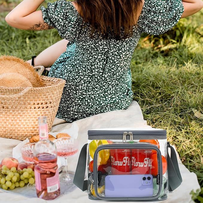 FlowFly Insulated Reusable Lunch Bag Adult Large Lunch Box for Women and Men with Adjustable Shoulder Strap,Front Zipper Pocket and Dual Large Mesh Side Pockets,Clear#Grey