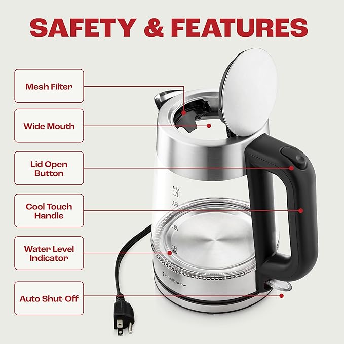 Electric Kettle for Boiling Hot Tea & Water | 1.8L Stainless Steel Borosilicate Glass Boiler With No Plastic, Automatic Shutoff, BPA Free, Fast Heating Technology