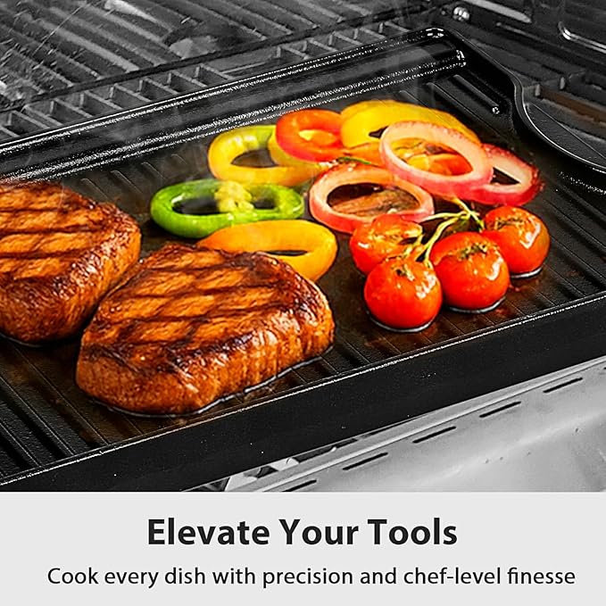 Utheer Nonstick Reversible Cast Iron Griddle 19.5"x 10.5", Ceramic Cooking Surface, Flat & Ribbed Sides, with High Sides & Grease Trap, Stovetop Griddle for Gas Grill, Charcoal, Oven & Outdoor BBQ