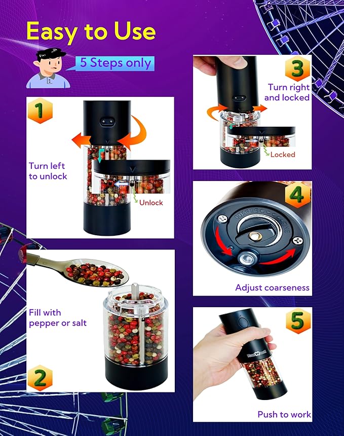 Electric Salt and Pepper Grinder Set with USB Charging Base, Upgraded 95ml Larger Capacity, Adjustable Coarseness, ABS Automatic Pepper Mill with One-Hand Operation, 2 Pack(Black+White)