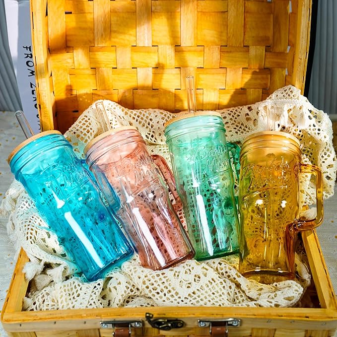 ANOTION Colored Glass Cups with Handle Set of 4, 24oz Glass Cups with Lids and Straws Travel Coffee Mug Bamboo Mason Jar Iced Cup Smoothie Tea Clear Cute Water Drinking Jars Glasses