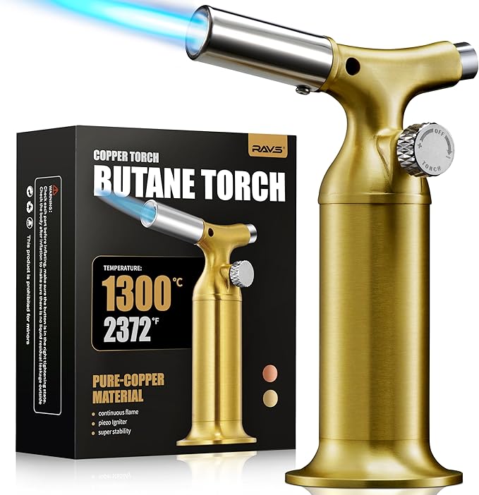 RAVS Butane Torch Lighter with Solid Copper Design, Kitchen Torch Lighter with Adjustable Flame, Refillable Creme Brulee Torch for Cooking, Soldering, Birthday Gifts for Men Women, Butane Not Included