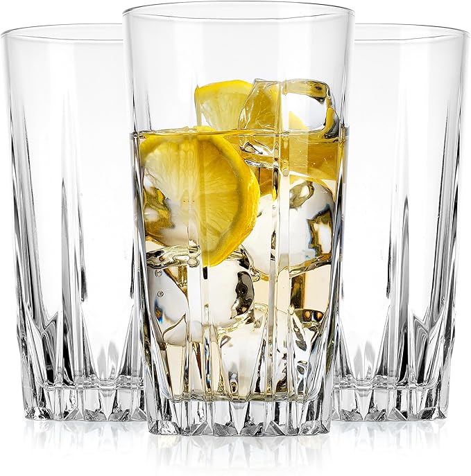 Glaver's Highball Glass Cups. Set of 10 Elegant Diamond Cut Drinking Glasses. Classic 15 oz Bar Glasses. Tall Kitchen Glass for Water, Old Fashioned, Juice, Beer, Cocktails.