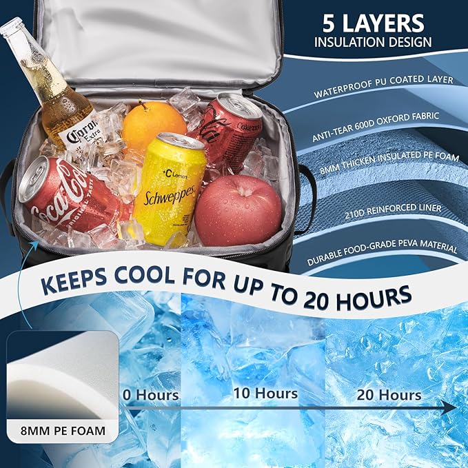 Large Backpack Cooler 36 Can Cooler Backpack with 2 Insulated Compartments Leak Proof Waterproof Travel Backpack, Camping Beach Picnic Lunch Thermal Bag for Women and Men