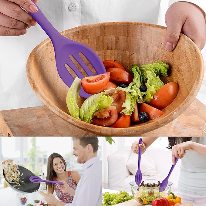 Silicone Spoon for Cooking, BPA Free Silicone Slotted Solid Spoons Set Heat Resistant, Dishwasher Safe Nonstick Silicone Kitchen Serving Spoon Set for Mixing Basting Stirring, Purple