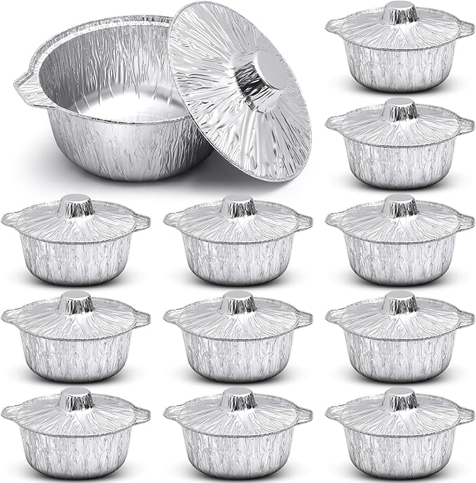 12 Pcs Disposable Aluminum Pot with Lid Round Foil Pans Disposable Cookware Food Container for Vacation Trips Camping Baking Heating Cooking (33.8 oz)