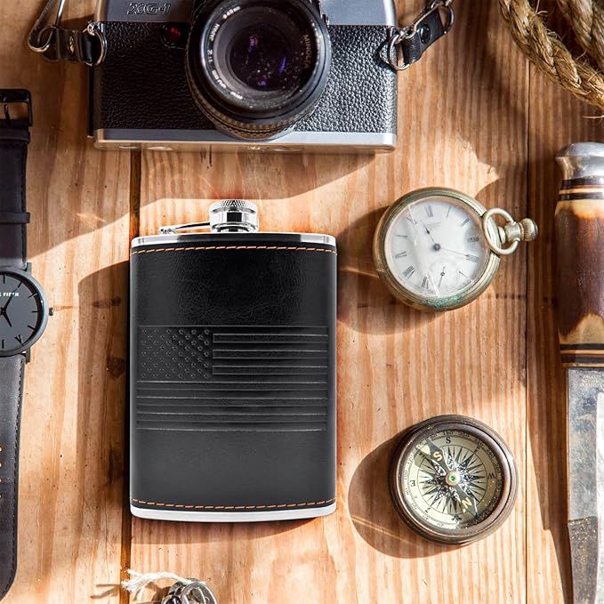 Leather American Flag Hip Flask - Leak Proof Food Grade Stainless Steel for Whiskey or Bourbon Liquor | Bonus Funnel (USA 8 Ounce Flask, Black Leather Wrap)