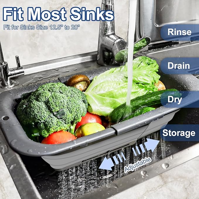 ROTTOGOON Collapsible Colander Strainer, Expandable Over the Sink Colander for Kitchen, Adjustable Silicone Sink Strainer, Foldable Large Colanders Basket to Wash Vegetable, Fruit, 15" to 19.8", Gray