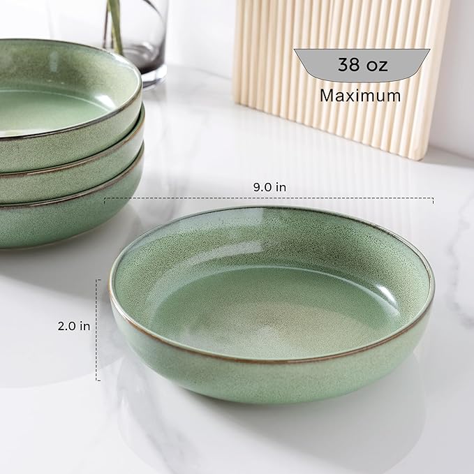 GBHOME 9'' Large Ceramic Pasta Bowls, 38oz Stoneware Pasta Serving Bowls Set of 4 for Kitchen, Wide Bowls for Fruit,Pasta,Salad,Oatmeal,Meal, Microwave Safe, Reactive Glaze-Pastel Green