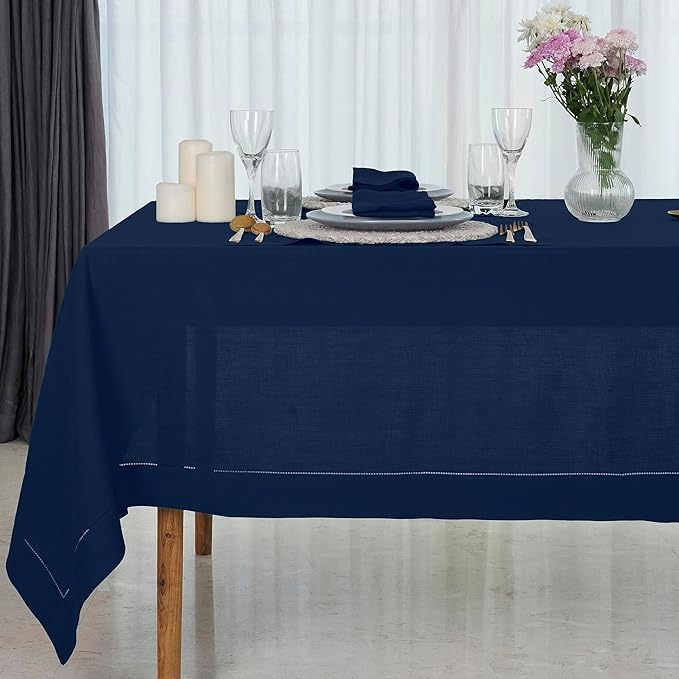 D'Moksha Homes Navy Blue Linen Tablecloth 60 x 120 Inch - 100% Pure Linen Hemstitch Tablecloth for Rectangle Tables - Classic Hemstitch, Machine Washable Table Cloth for Summer, Fall and Halloween