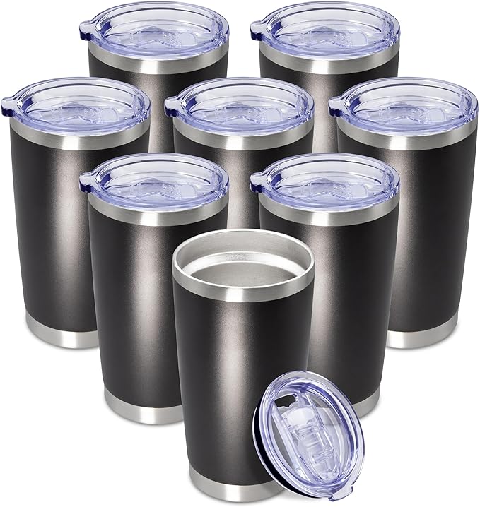 20 oz Tumbler Coffee Tavel Tumblers Bulk with Lid Stainless Steel Double Wall Vacuum Insulated Mug Powder Coated Cups fit Car Cupholder for Hot and Cold - Black, 8Pack