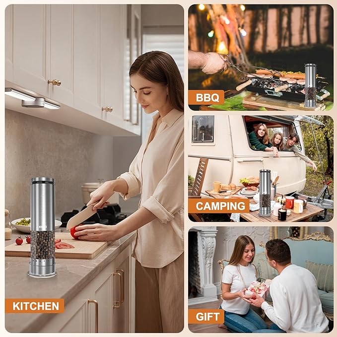 Electric Salt and Pepper Grinder Set Rechargeable, Automatic Salt and Pepper Shakers Mills with 6-Level External Adjustable Coarseness, LED Light, House Warming Cooking Gifts for Women Men