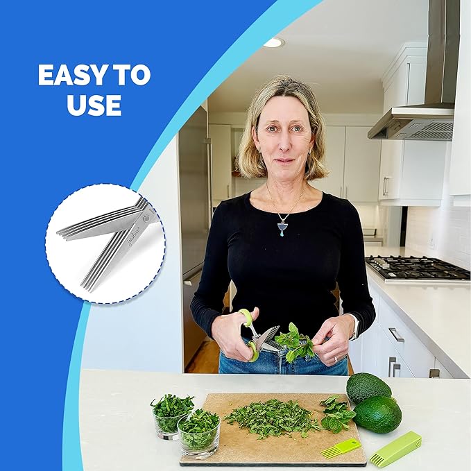 Jenaluca 5 Blade Herb Scissors - Salad Scissors - Cut & Chop Fresh Herbs & Leafy Greens - Stainless Steel Kitchen Shear Set with Cleaning Comb & Safety Cover - Kitchen Gadget - Blue