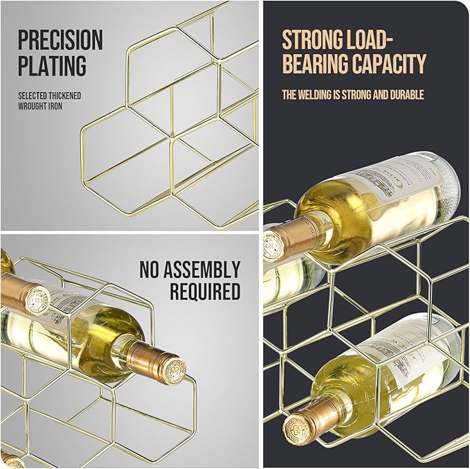 Countertop Wine Rack - 9 Bottle Freestanding Modern Gold Metal Small - 2 Tier Tabletop Wine Holder Stand for Cabinet, Pantry - Wine Racks Countertop - No Assembly Required