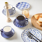 Selamica Ceramic Cappuccino Cups with Saucers and Metal Stand, 8 OZ Stackable Espresso Coffee Cups for Coffee, Latte, Americano, Tea, Set of 4, Vintage Blue