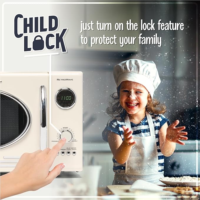Nostalgia Retro Countertop Microwave Oven, 0.9 Cu. Ft. 800-Watts with LED Digital Display, Child Lock, Easy Clean Interior, Ivory