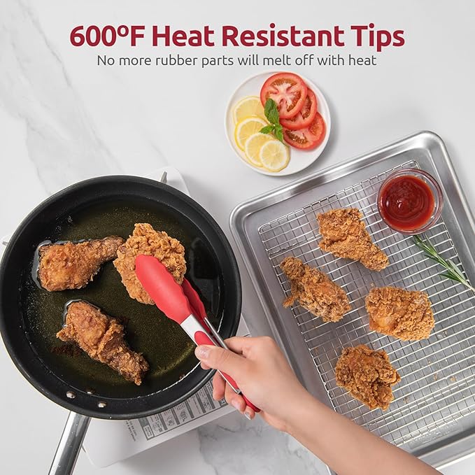 600ºF Heat Resistant Kitchen Tong: U-Taste 7 inch Silicone Cooking Tong with Firm Sealed Non Stick Rubber Tips & Silicon Coated 18/8 Stainless Steel Handle & Smooth Locking for Serving Salad (Red)