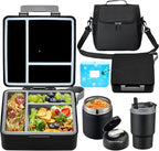 Bento Lunch Box for Kids with 17oz Soup Thermo,Insulated Tumbler Water Bottle and Insulated Lunch Bag,Leak-Proof 3 Compartment Lunch Food Container with with Ice Pack for Kids to School-Black