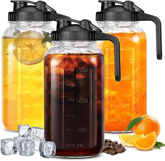 64 OZ Mason Jars with Lid, Glass Pitcher Double Leak Proof with Pour Spout Handle, 2 Quart Wide Mouth Breast Milk Pitcher for Fridge, Creamer Container for Coffee, Sun Tea(Black,3 Pack)