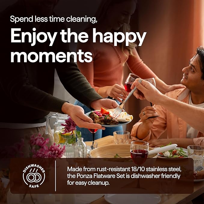 Luciella Ponza Flatware Set for 12, 65-Piece Stainless Steel Silverware Set with Serving Utensils, Timeless Hammered Design, Rust-Resistant, Mirror Polished & Dishwasher Safe