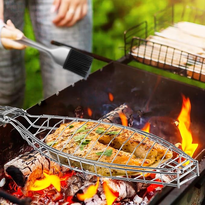 Fish Grill Basket, Large Fish Grilling Rack for Grill Fish Vegetables Shrimp, Folding Stainless Steel Grill Basket with Removable Wooden Handle & Basting Brush